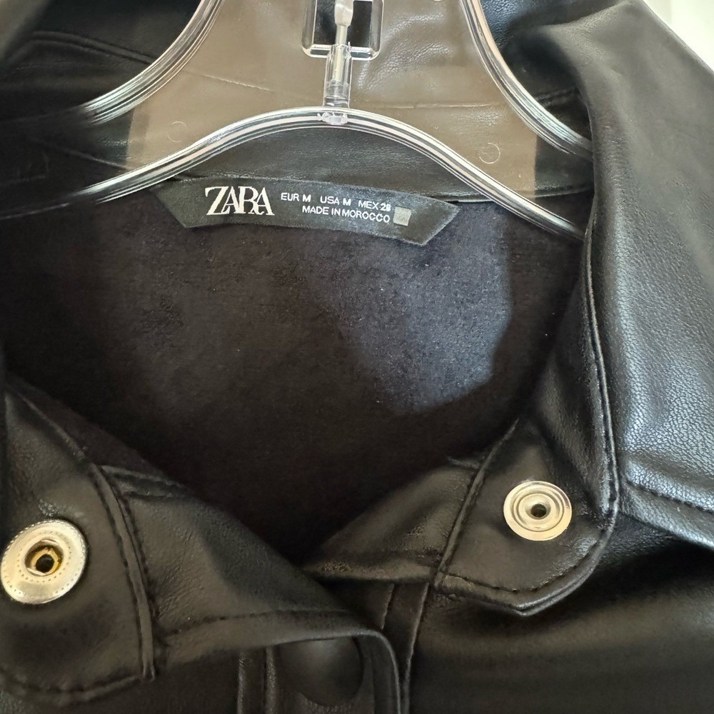 Zara Black Vegan Leather button up‎ blouse puff long sleeve, Medium - Picture 7 of 8